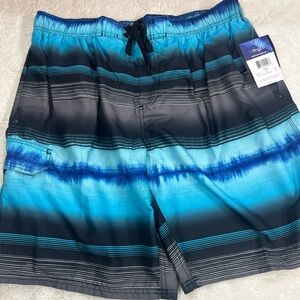 Kanu Surf Apollo Swim Trunks Mens Large Black Aqua Striped Board Shorts NWT #408